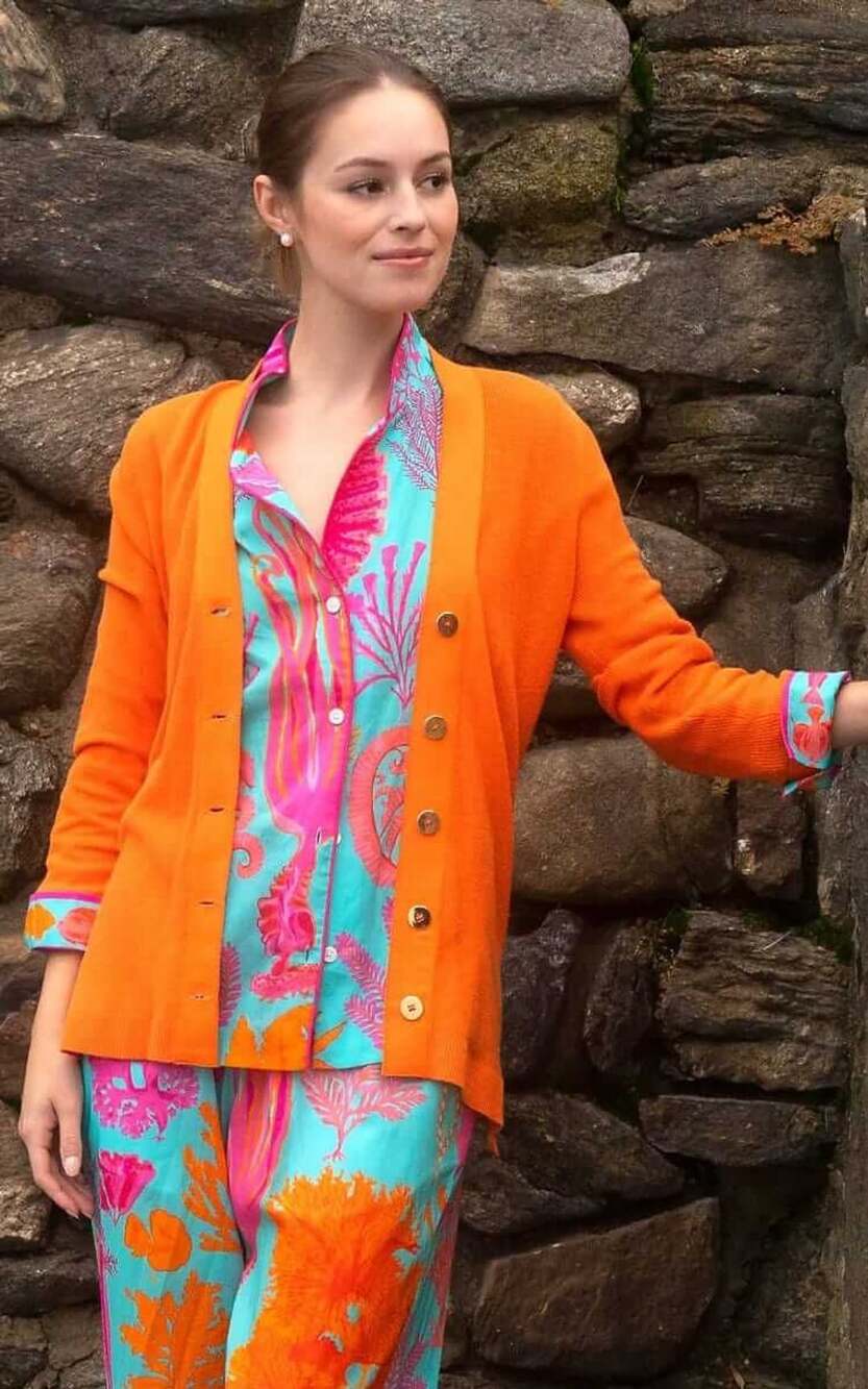 Gretchen Scott Orange Cotton Knit Ribbon Cardigan Palm Beach Chic, Sporty